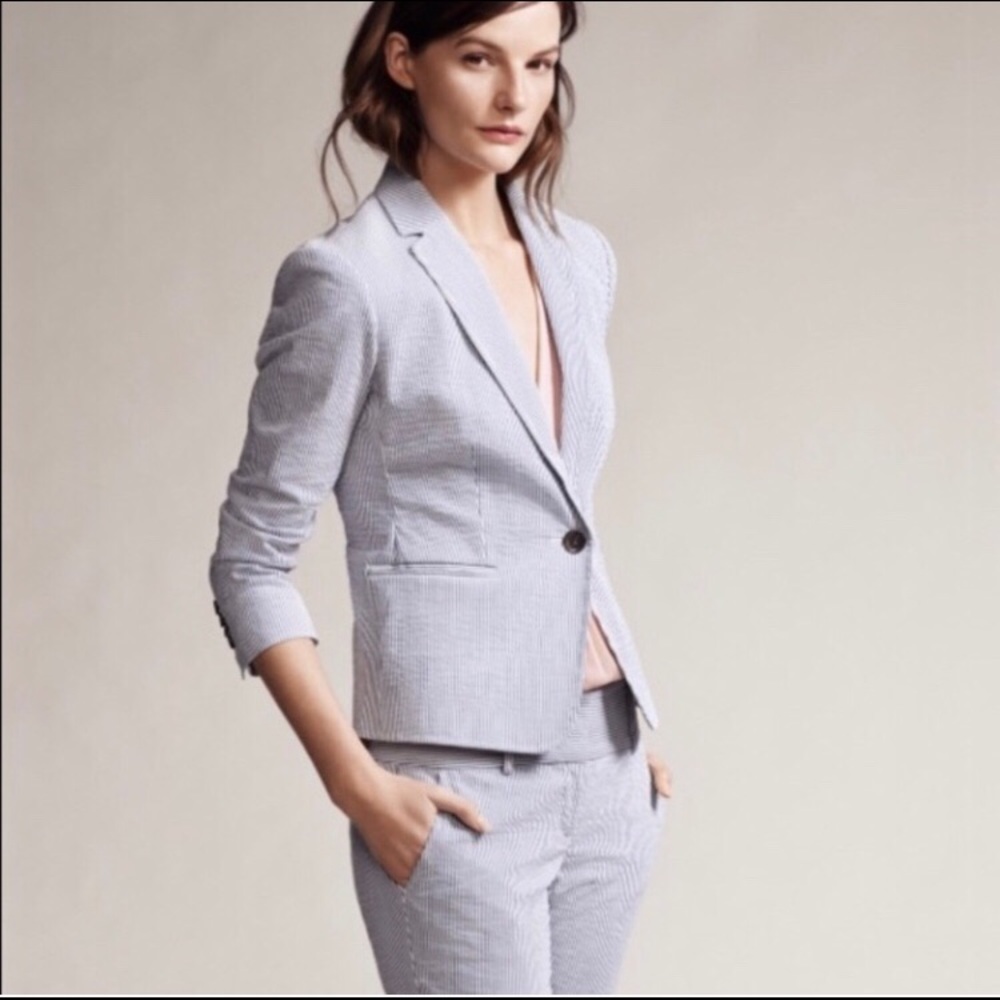 Ann Taylor Womens 6 Seersucker Button Blazer Blue